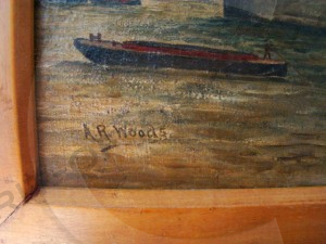 AR Woods signature on the painting of Tower Bridge